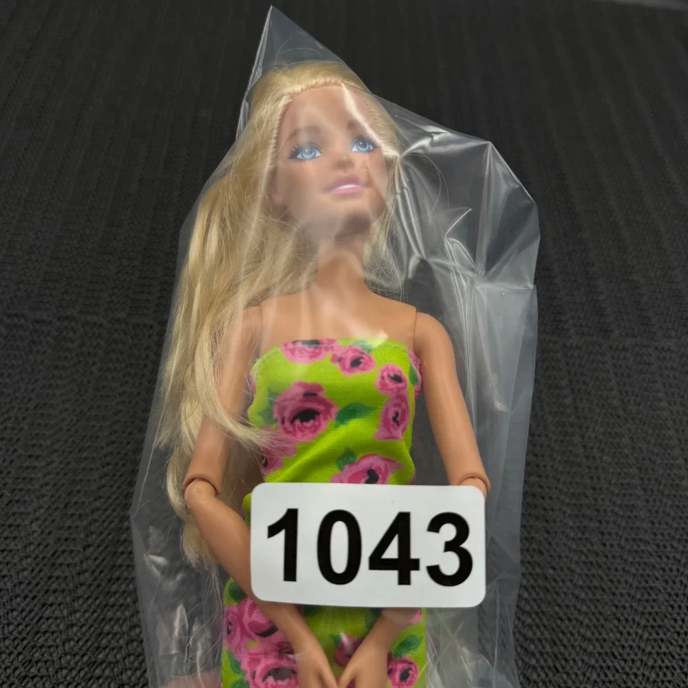 Barbie HXJ38 Blonde Articulated Doll Green Pink Floral Dress Mattel